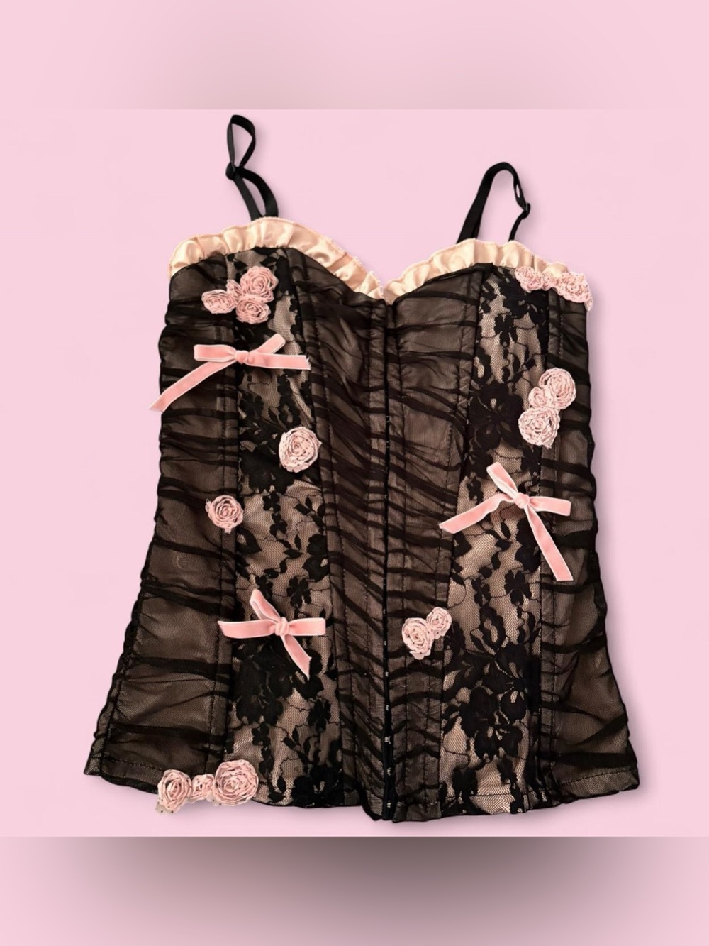 Black Lace Bustier with Pink Trim and Bows